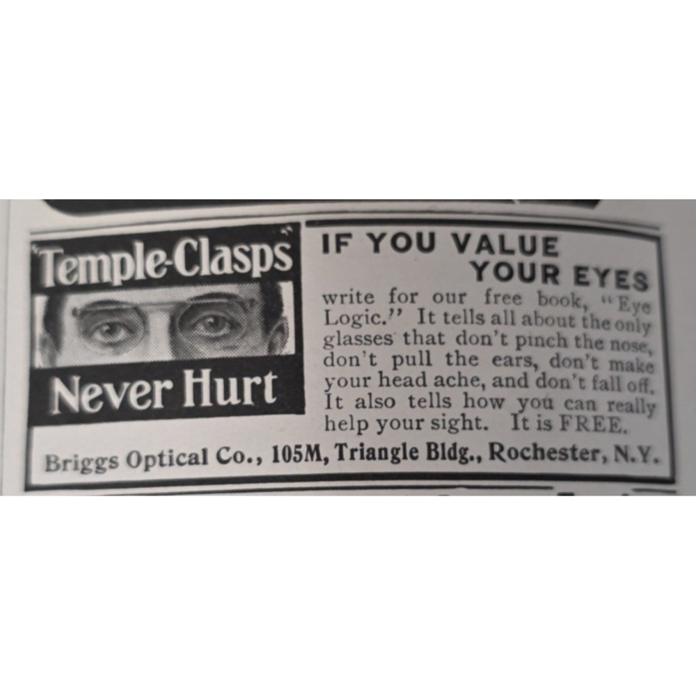Vintage 1903 Briggs Optical Co Temple-Clasps Glasses Print Ad Rochester NY Art